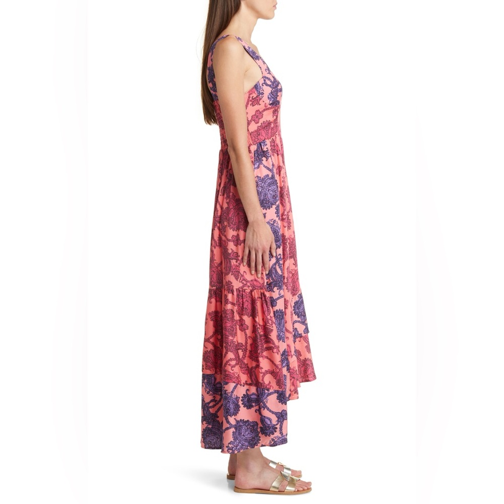 DU PARADIS Colorblock Asymmetric Hem Midi Sundress in Pink Coral - Picture 3 of 7